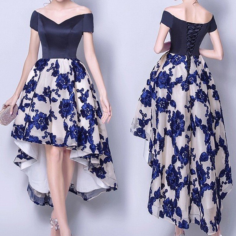 2018新作 ロングドレス 演奏会 結婚式 母親 結婚式 大きいサイズ ワンピース アシンメトリー ネイビー 紺 青 ゴージャス おしゃれ
