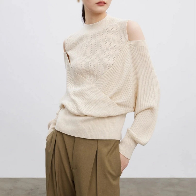 クーポン 洗える リブニット パフスリーブ セーター プルオーバー 秋 レディース ファッション セーター 長袖 ゆるニット 肩出し ニットセーター 体型カバー ボリュームスリーブ プルオーバー ショカーディガン