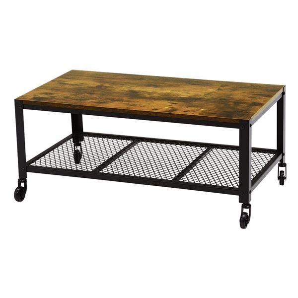 ローテーブル/センターテーブル 幅90奥行50高さ39.5cm スチールフレーム キャスター 棚板付き 組立品 リビング
