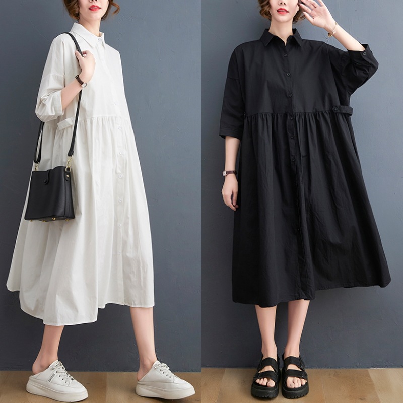 ワンピース シャツワンピース フレアワンピース ティアードワンピース 膝下 ミモレ ミモレ丈 ロング ロング丈 袖あり 7分袖 七分袖 ドルマンスリーブ ドロップショルダー Vネック 襟付き