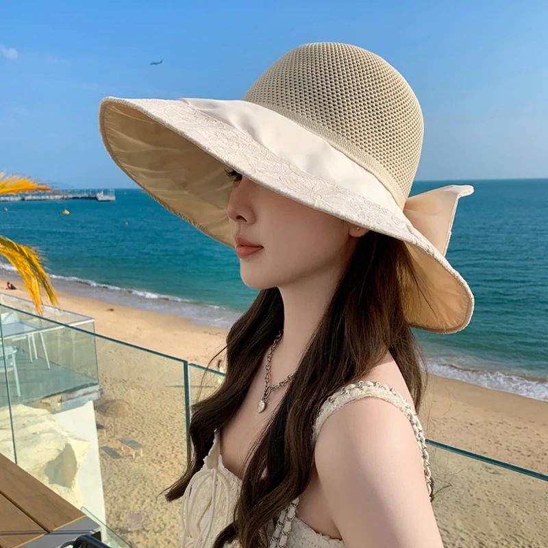 女性の通気性のある大きな葉の日よけ帽夏の日よけ屋外ビーチ中空日焼け止め - 200000297