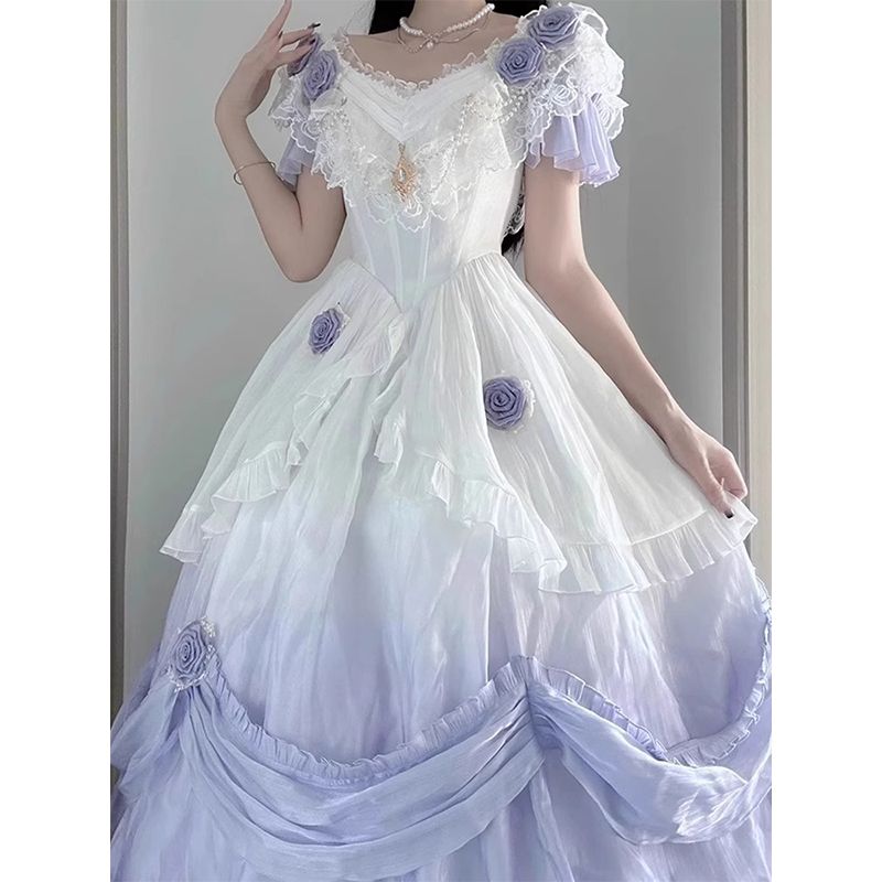 スウィートグラデーションパープリンセスドレス重工業ロリータロングドレスロリータふわふわプリンセスドレス