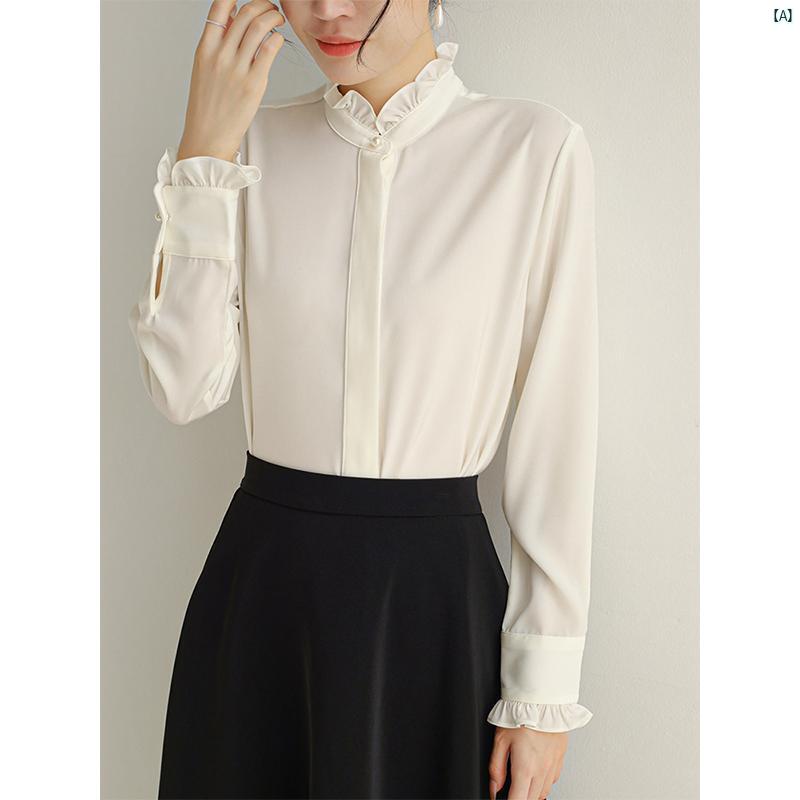 レディース ファッション　レディース　カジュアル　上品　綺麗　外出 ホワイト ダーク 前立て パールボタン スタンドカラーエッジ 長袖 シャツ 秋冬 サテン 通勤 レイ ヤード