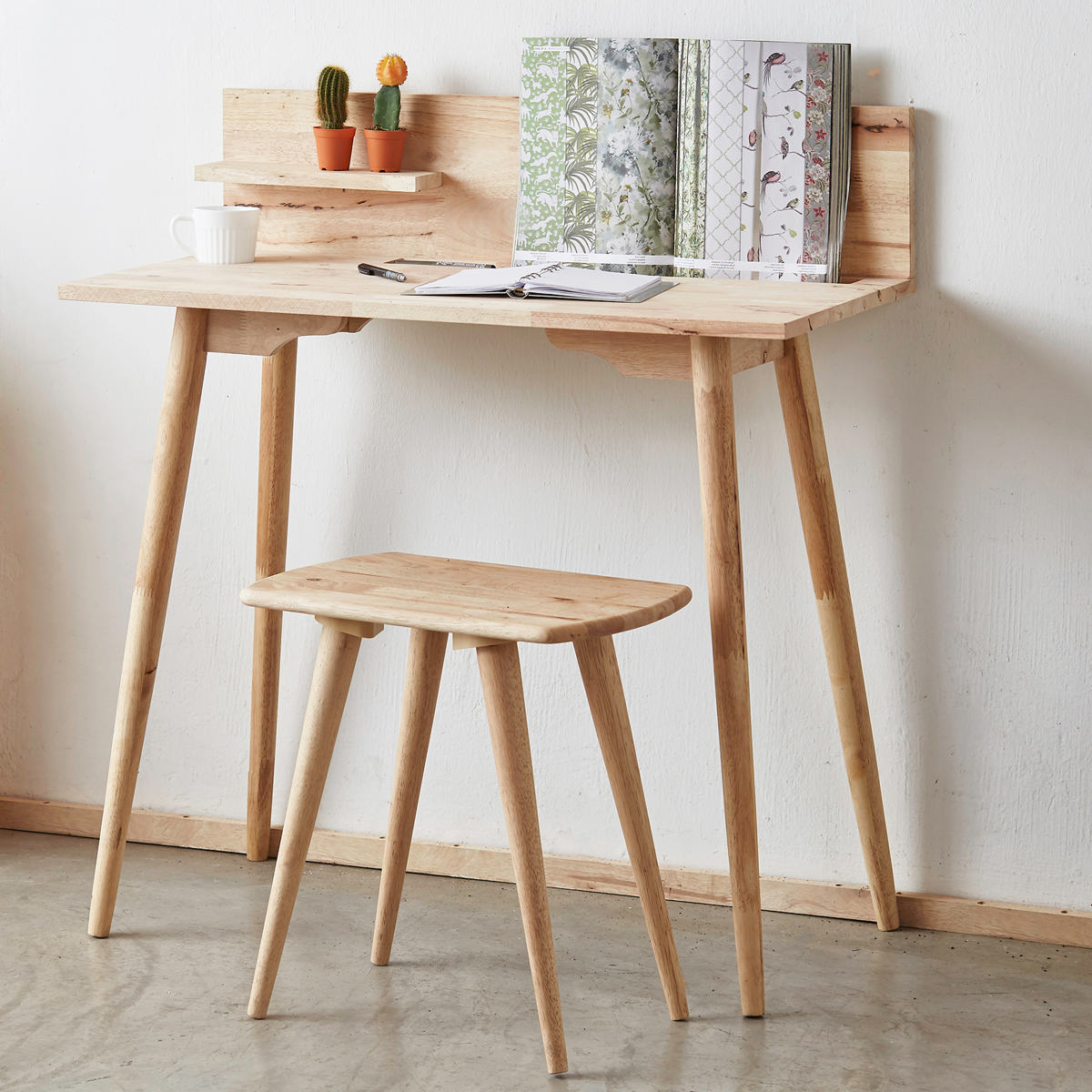 ワークデスク チェアセット ミニ棚板 ドリンクホルダー付 NATURAL SIGNATURE デスク 机 学習机 勉強机 椅子付き パソコンデスク コンパクト 木製 天然木 ドレッサー