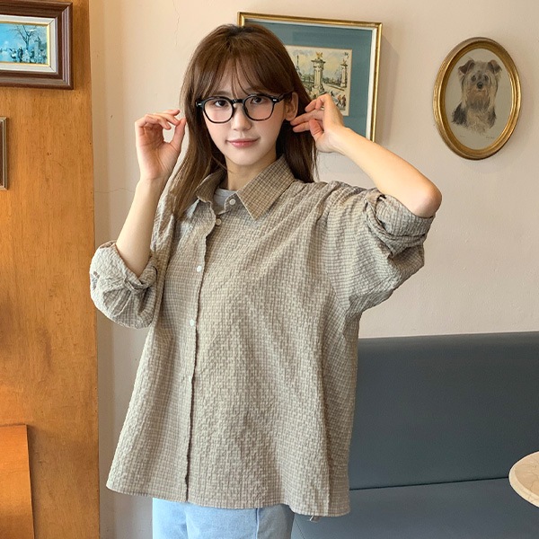 （華奢見えオーバーフィット／としても一枚でも）ルカード デイリー ルーズフィット カラー チェックシャツ 韓国アウター bs8381