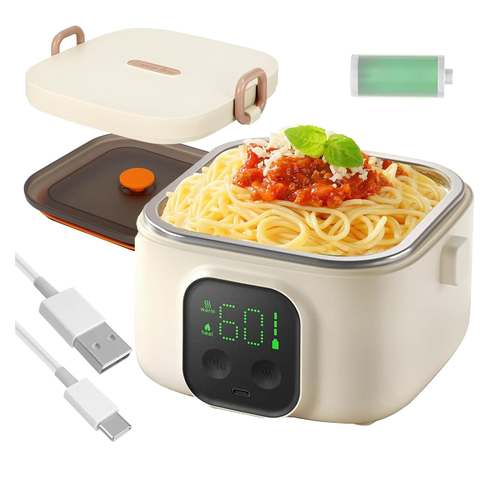 【2025年登場バッテリー内蔵usb充電式】電熱弁当箱 大人子供兼用 8800mAh 電熱ランチボックス 304ステンレス 高速加熱 Type-C充電対応 保温弁当箱 可脱着式内胆 携帯便利 IP