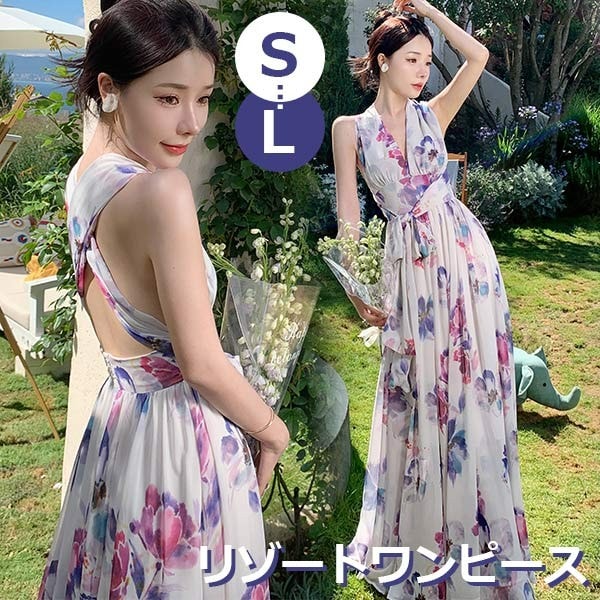ワンピース 袖なし 花柄 夏ワンピ 可愛い かわいい ゆったり ロング丈 Vネック 着痩せ ハイウエスト 上品 セクシー 夏ワンピース 夏 リゾートワンピ 旅行 海 海辺 バカンス デート お出かけ