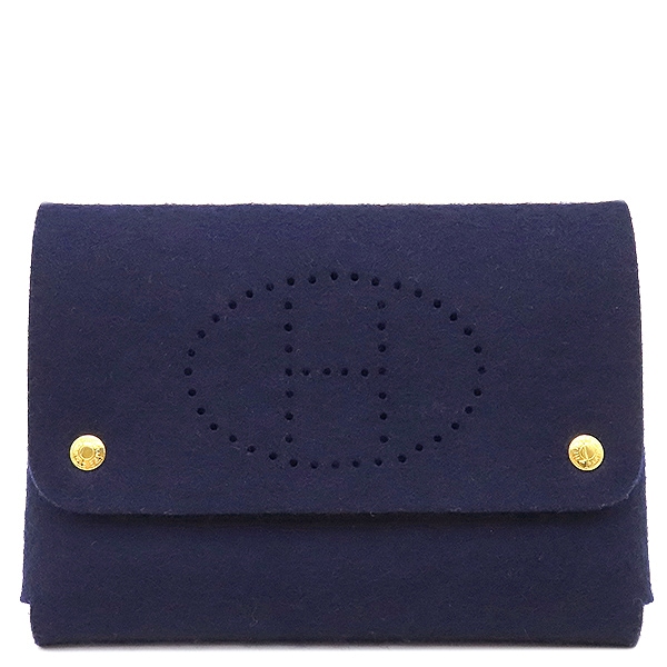エルメス ポーチ エテュイカルトGM トランプケース フェルト ネイビー ゴールド金具 紺 Hロゴ パンチング マルチケース 【中古】