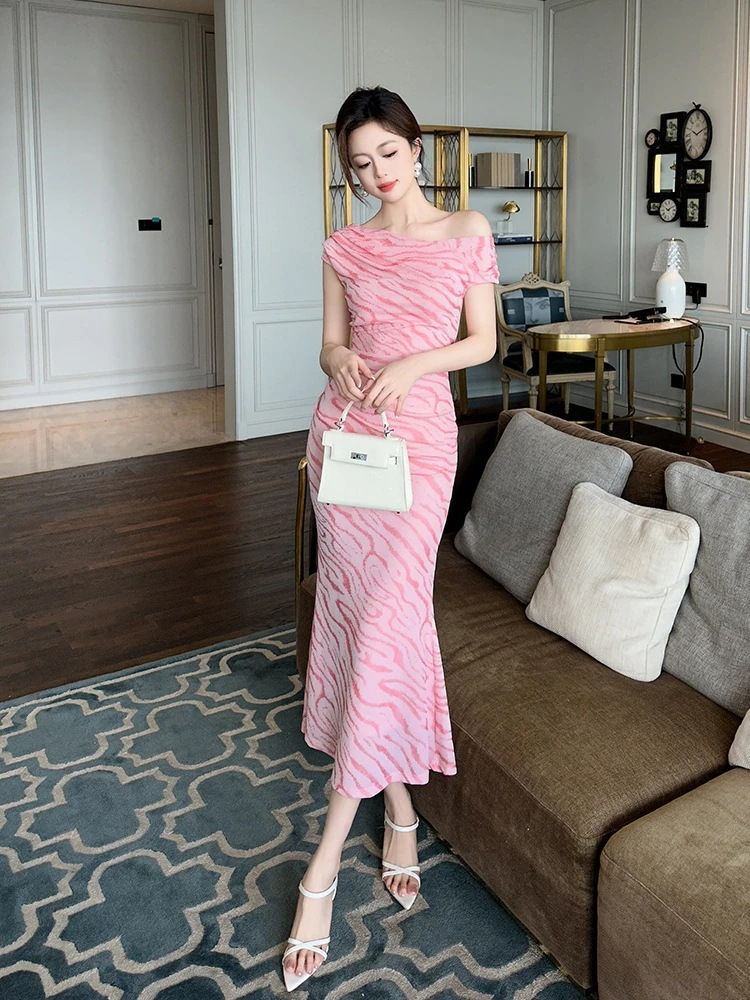 2024夏新品 波柄 マーメイド ワンショルダー オフショルダー ロング ドレス パーティー キャバ 大人 同窓会 披露宴 卒業式 結婚式 演奏会 ウェディング 二次会 メガ割30%までに制限