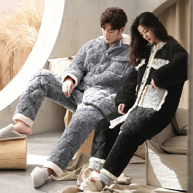 カップルパジャマレディース サンゴベルベット三層綿パジャマ保温ウェア男性大サイズ寝間着部屋着