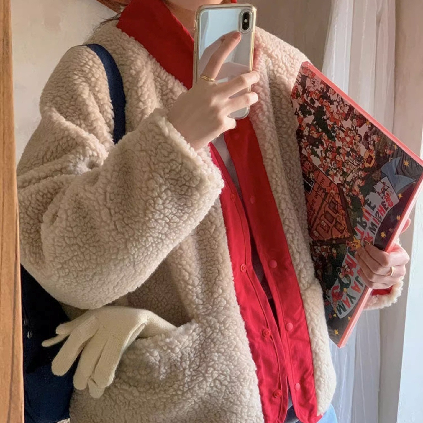 ブルゾン ショート丈アウター リバーシブル もこもこ フリース オルチャン 韓国 レディース 赤 レッド 緑 グリーン ベージュ ネイビー ショート丈 ハイネック 襟付き ゆったり