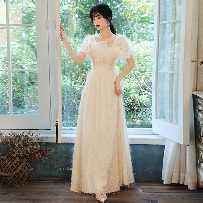 カラードレス 編み上げ パーティードレス フォーマルドレス ロングドレス シャンパン 半袖 結婚式 二次会 発表会 フェザー オフショルダー ウェディングドレス ゲストドレス 花嫁 ブライダル ウエデ