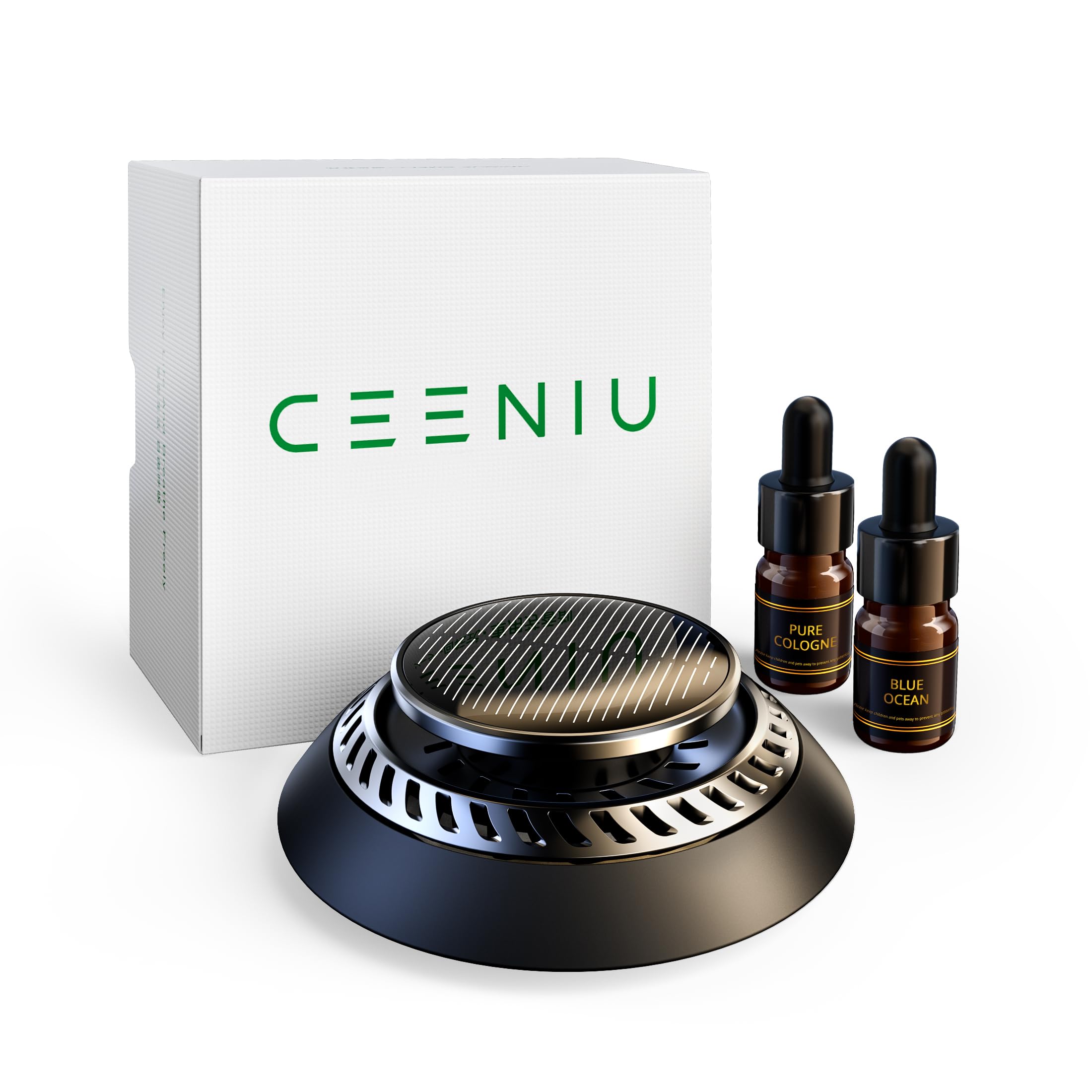 CEENIU 車用芳香剤 高級カー用品 2025新型 アルミ合金製 ソーラー回転式 静音 フランス産天然香料 エッセンシャルオイル2本付き F21 カーフレグランス ギフト Car Air Diffu