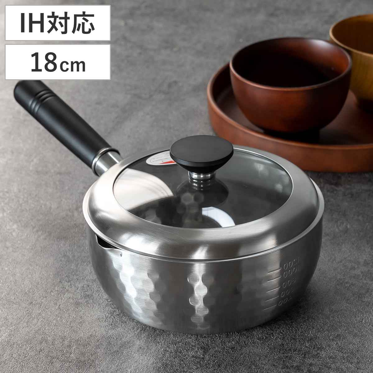 槌目雪平鍋 18cm 蓋付き 銀鱗 ステンレス製 日本製 燕三条 Made in TSUBAME ガス火対応 雪平鍋 行平鍋 片手鍋 ガラス蓋付き 18センチ 注ぎ口付き ゆきひら鍋 なべ