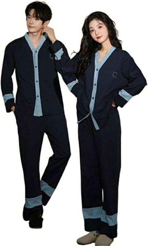 ペアパジャマ 長袖 長ズボン 綿 肌に優しい パジャマ ペア 柔らかい 快適 上下セット ペアルック 春 夏 秋 ルームウェア 前開き Vネック カジュアル 部屋着