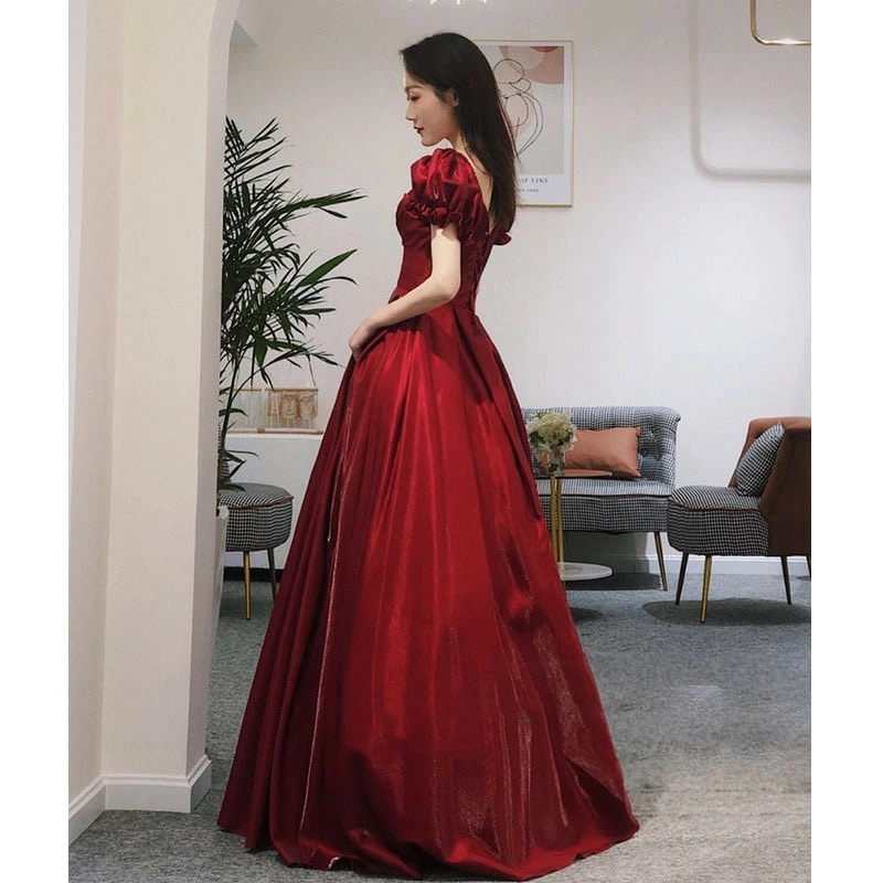 結婚式ドレス 二次会ドレス ワイン赤 パフスリーブ プリンセス風 ロングドレス ゲストドレス ワインレッド イブニングドレス 発表会ドレス ロング Aライン 成人式ドレス パーティードレス 誕生日 シ