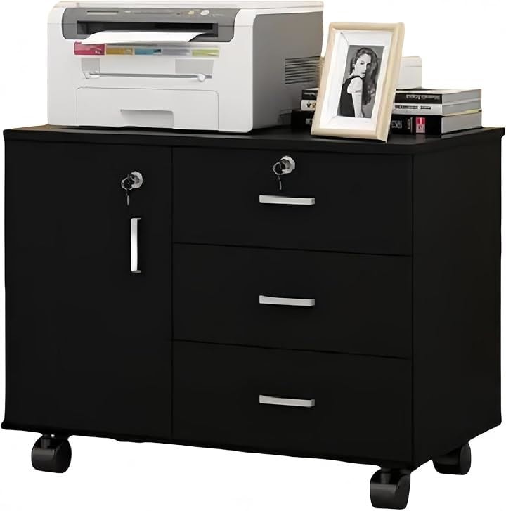 デスクワゴン サイドワゴン キャビネット 袖机 オフィスワゴン デスクサイド 完成品 鍵付き キャスター付き 扉付き チェスト デスク下 収納(ブラック, 70x40x57cm)