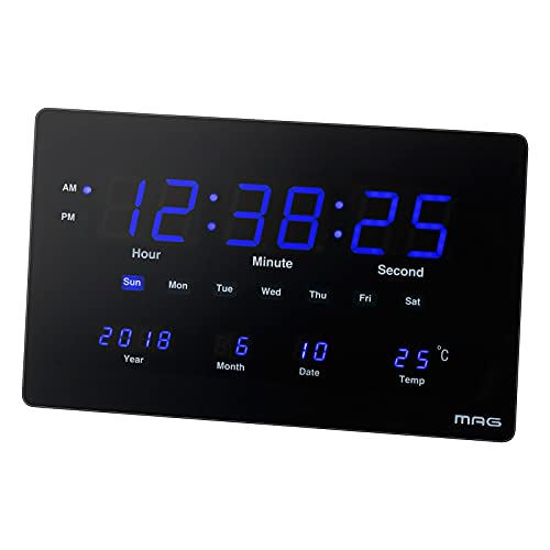 MAG(マグ) 掛け時計 LED デジタル デジブルー 温度 日付表示 置き掛け兼用 ブラック W