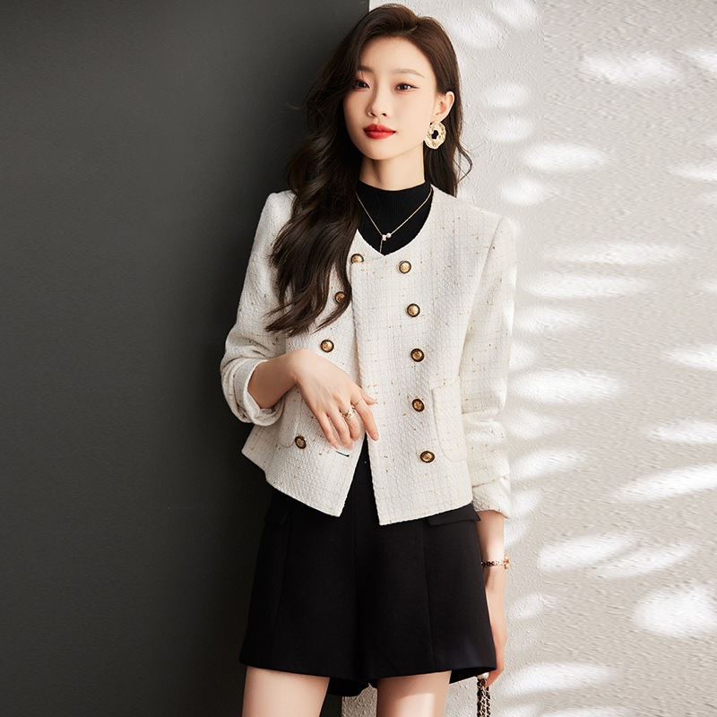 2023人気新作春服レディース小香風コートショートアウター韓国ファッションダブルバックル長袖トップス職業ジャケット