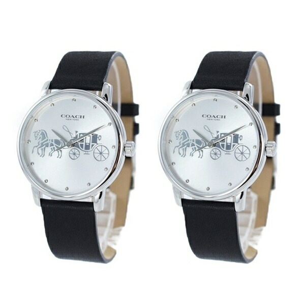 【ペアBOX付き】コーチ 腕時計 手表 ペアウォッチ お揃い ボーイズペア 同サイズ Grand グランド シルバー ブラック レザー 革 シンプル 1450349414503494 誕生日プレゼント