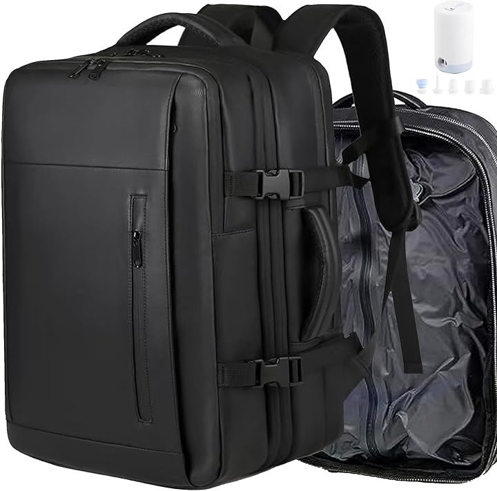 60L リュック バックパック ビジネスリュック リュックサック 真空圧縮 大容量 防水 拡張 ロック付 靴収納可 盗難防止 17インチ 通勤 (1.Black(電動ポンプ付), 大型)