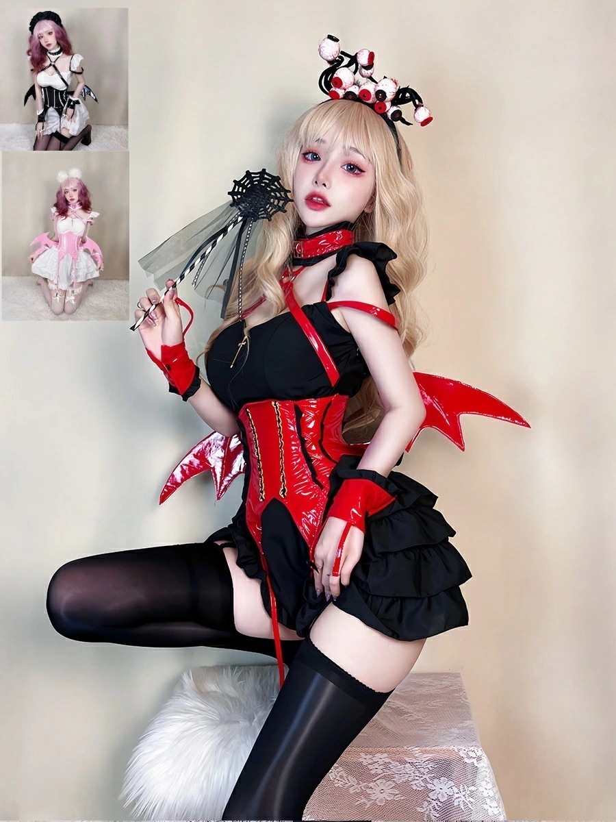 「新品販売」「即納」悪魔 4点セット メイド服 ワンピース フリル ノースリーブ セクシー ショート丈 魔女 エルフ 吸血鬼 蝙蝠 お姫様 ワンピース ロリータ イベント パーティー 可愛いコスチュ