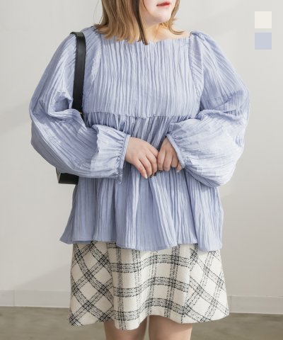 大きいサイズ レディース LL 3L 4L XL XXL XXXL スクエアネックシワ加工ブラウス