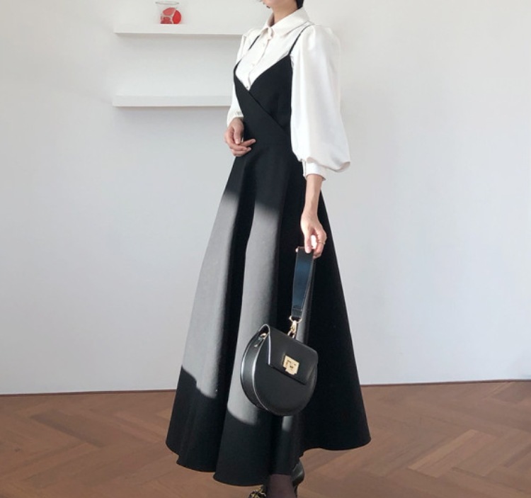 ２点セット レトロトップス スカート ワンピース シャツ ブラウス 白シャツ フレアワンピース カシュクールワンピース ミモレ ミモレ丈 ミドル ミドル丈 袖あり 7分袖 パフスリーブ 萌袖 襟付き