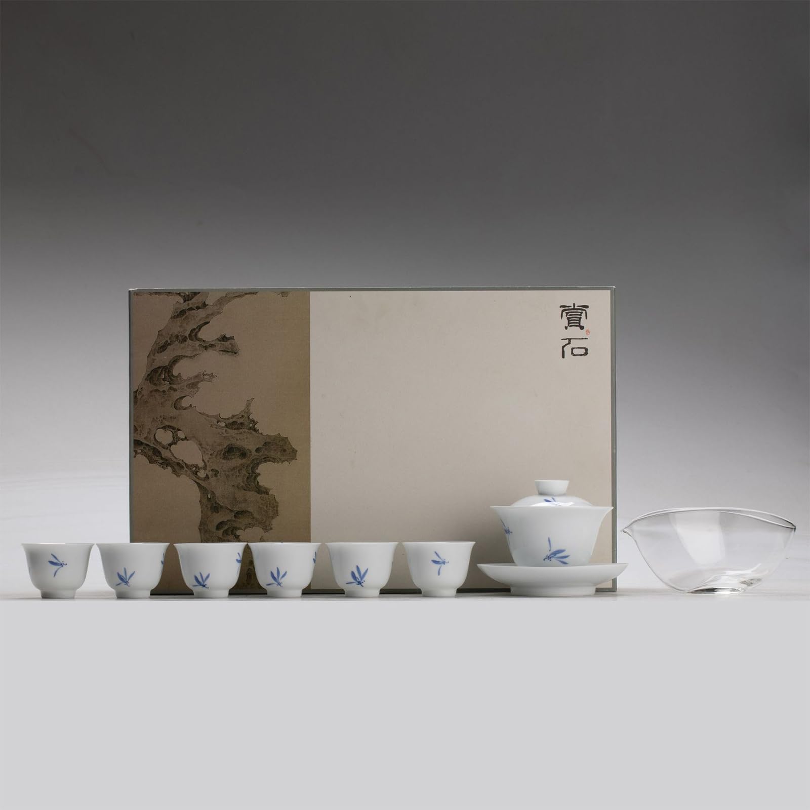 中国茶器セット 蓋付茶碗*1+品茗杯*6+茶盤*1+透明カップ*1 シュンランの模様 白 9個セット 手描き ティーカップ 茶道具 手作り 茶器 茶杯 景徳鎮セラミックス 陶器 ギフトボックス包装 (