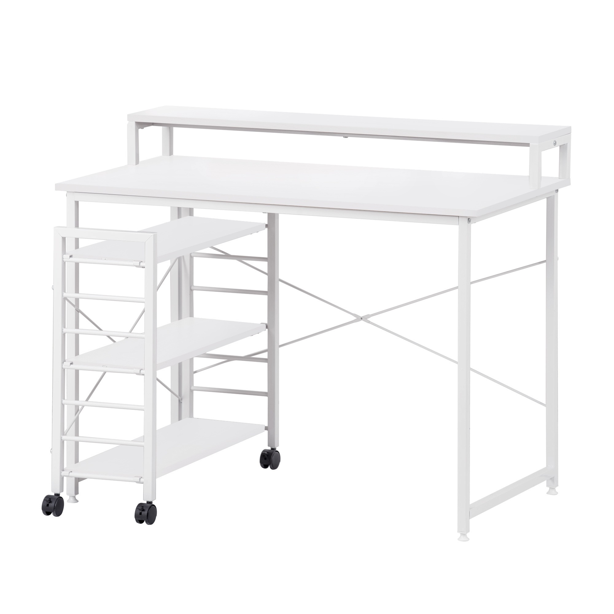 【国内発送&送·料·無·料】【新品登場】【ホワイト】パソコンデスク キャスター付きで移動可能ラック付き デスク オフィスデスク 学習デスク ワークデスク