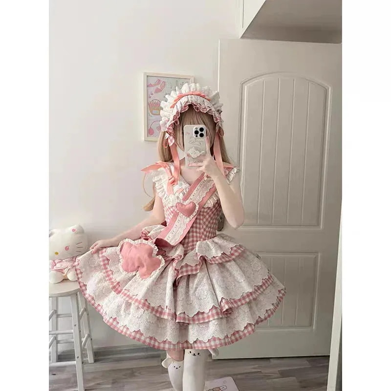 新作かわいいロリータピンクチェック 25新品登場 二次元 サブカル 衣装 メイド コスプレ ロリータワンピースロリータ コスチューム