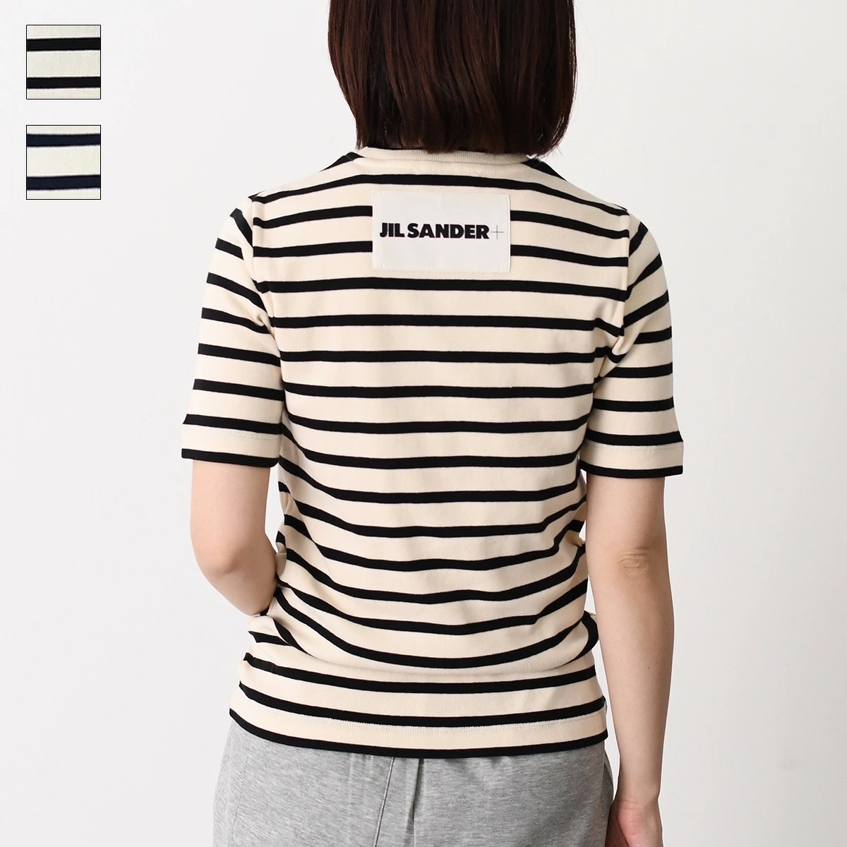 Tシャツ トップス バックロゴラベル ボーダーTシャツ J40GC0111 J46497 レディース ブラック ネイビー 半袖 リブ カットソー ビッグロゴ