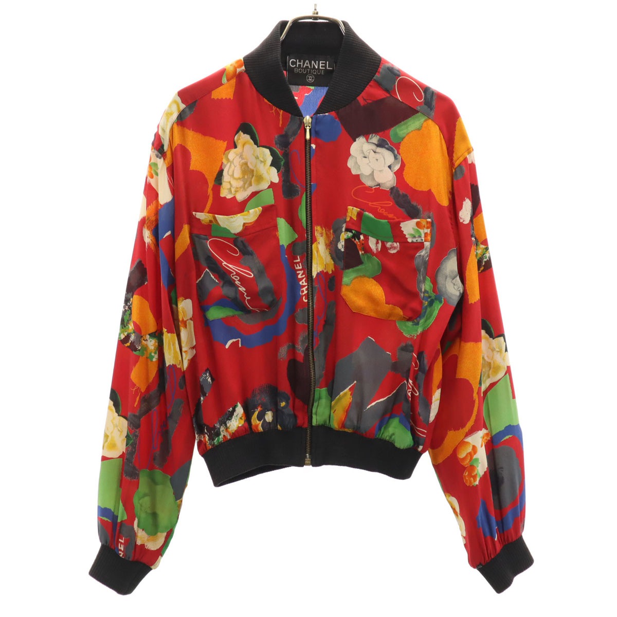 CHANEL BOUTIQUE シャネル ブティック ヴィンテージ 総柄 ブルゾン レッド ジャケット ririジップ レディース 古着
