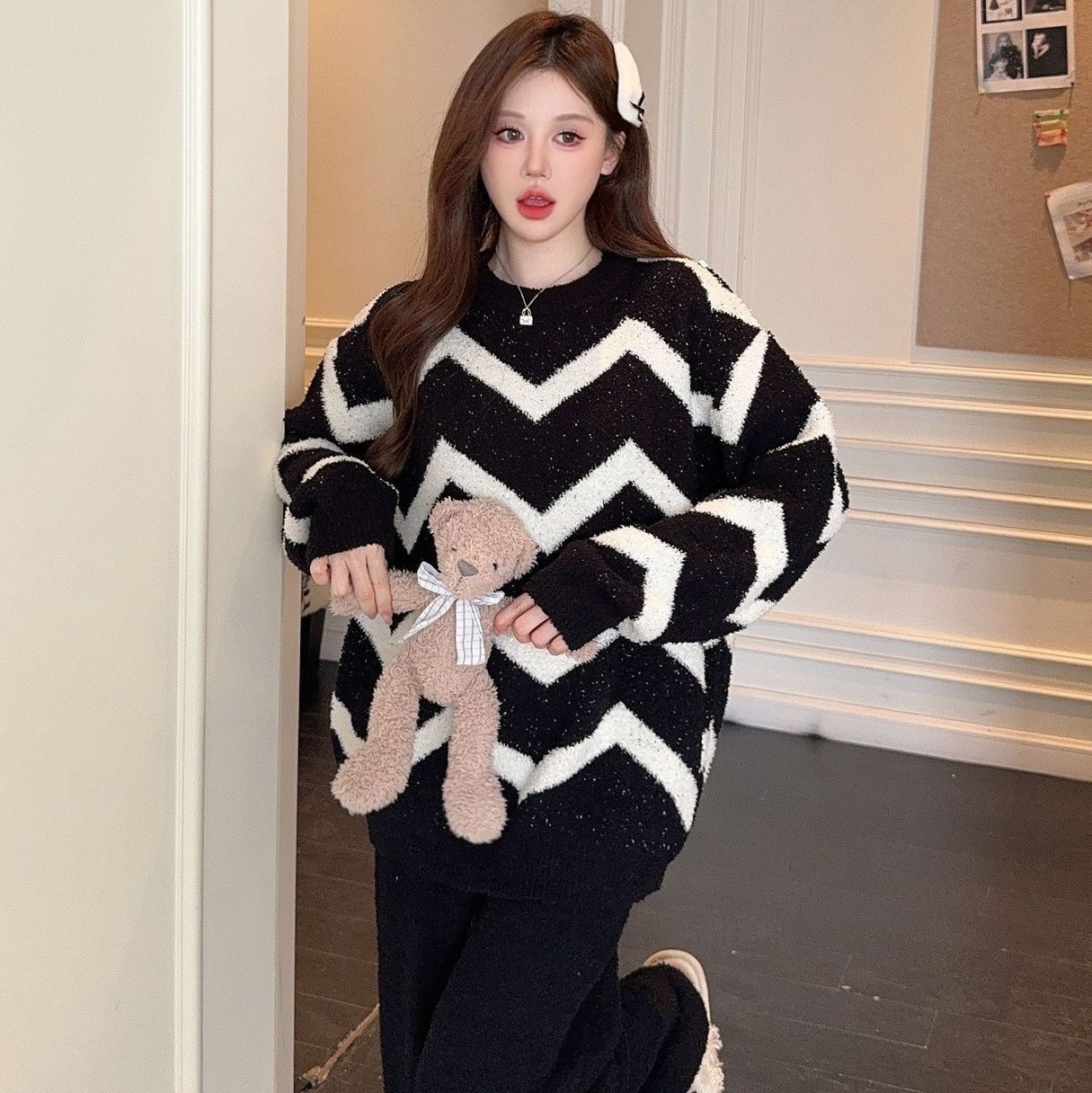 もこもこボーダーパジャマ もこもこパジャマ 寝巻き黒 パジャマ 寝巻き 黒 ブラック 韓国 オルチャン レディース ナイトウェア おしゃれ お洒落 ルームウェア もこもこ モコモコ 部屋着 秋冬