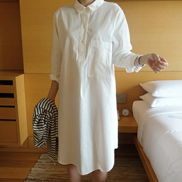 シャツワンピース 長袖 カジュアル ワンピース 膝丈 ミディ丈 白 プルオーバー ロングシャツ レディース ゆったり シンプル ゆるワンピ 夏 秋 おしゃれ 春