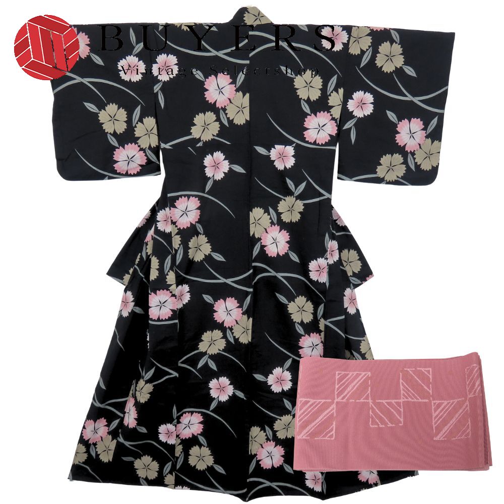 中古 浴衣 2点セット 半幅帯 綿 ポリエステル ブラック くすみピンク マルチカラー 草花柄 大人可愛い 和装 呉服 和服 きもの レディース 女性 5,465円