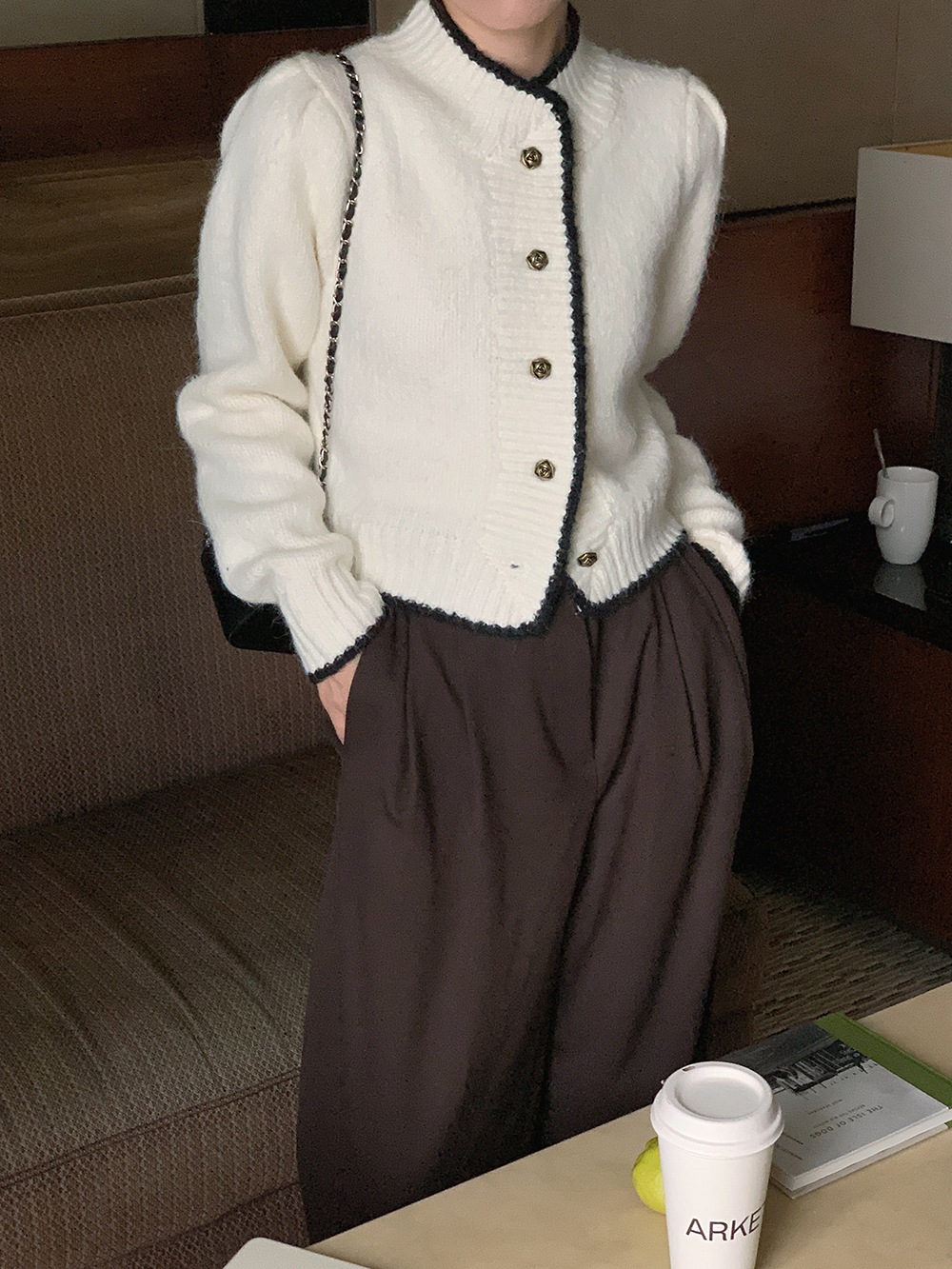 トップス ニットソー セーター カーディガン プルオーバー 上着 ミディアム丈 袖あり 長袖 ボリューム袖 ハイネック もこもこ ふわふわ リブ 前開き リブニット ニット 厚手 かわいい 大人可愛い