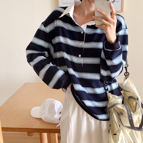 韓国ファッション コットン ストライプ オーバーフィット カラー ラグビー Tシャツ