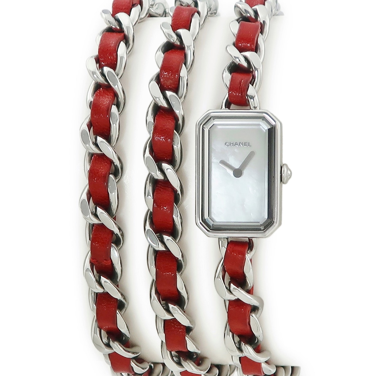 プルミエール ロック H5313 クオーツ レディース レッド 角型 シェル チェーンブレス トリプルブレス 3年保証