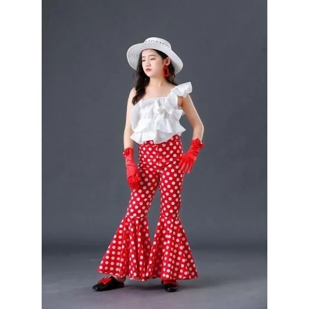 【新作登場】女の子 ダンス衣装 パンタロン ダンスパンツ 水玉ドット柄 フレアパンツ ベアトップ トップス 子供 レトロ 演出服 ショー ステージ衣装 ホワイト レッド30パーセント限定