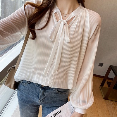 トップス デート シャツ ブラウス カットソー 袖あり 長袖 プリーツ リボン かわいい 大人可愛い きれいめ シンプル カジュアル 大人 上品 おしゃれ お洒落 主役級 存在感 春 秋 10代