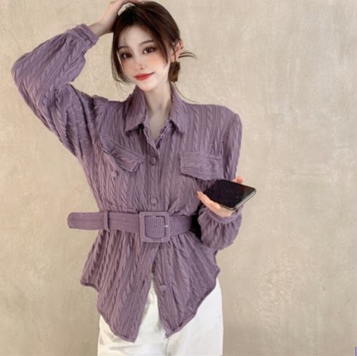 ニットスーツ トップス セーター ミディアム丈 袖あり パフスリーブ Vネック 襟付き ポロカラー