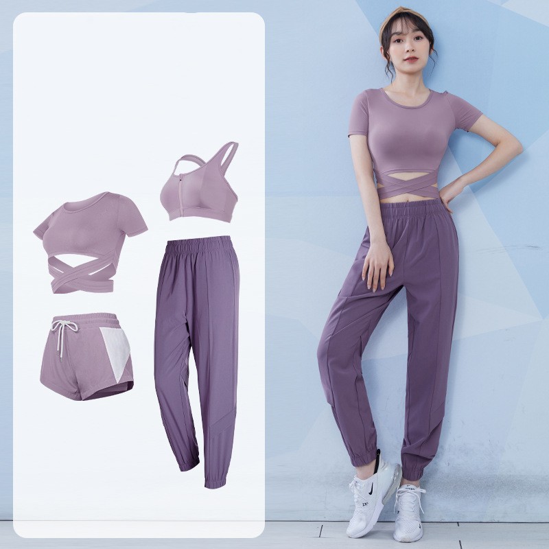 4点セットヨガウェア女性用おしゃれヨガウェア夏ファッションテンパリングスポーツウェアハイエンドタイトフィッティングスウェットフェッショナルトレーニングのモーニングラン フィットネススーツト