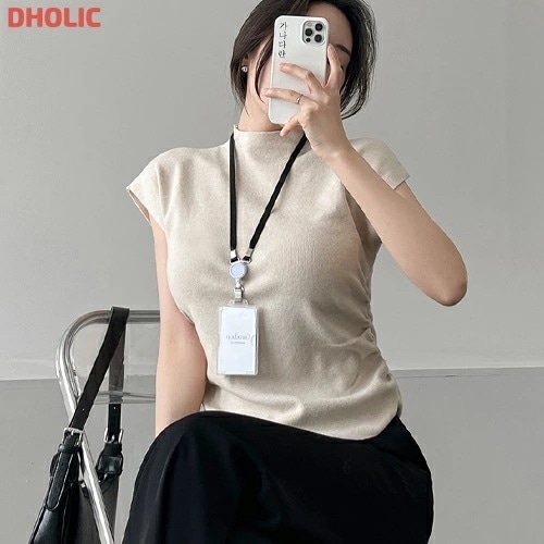 リブラウンドネックハーフネックフレンチスリーブギャザーニット