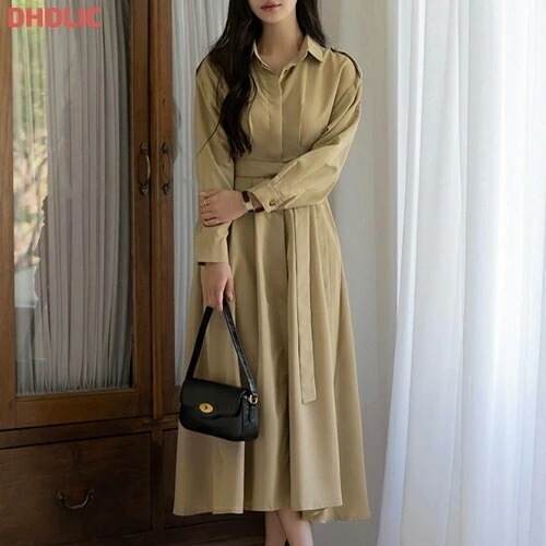 ベルト付長袖カラーボタンAラインワンピース・1935179