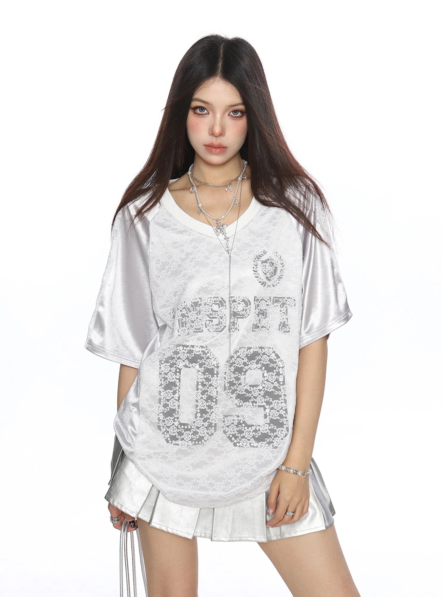 春夏 韓国可愛い風トップスレース切り替えTシャツ K-POPファッション半袖ストリート系サイド丈フットシルエットシャツ衣装レディースサイズVネックユニセックスおしゃれカジュアルダンスラグラン