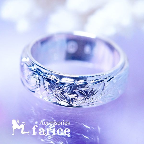 プルメリア＆スクロール(花＆波) カットアウト立体彫り トロピカルデザイン プラチナ仕上げ メンズ ハワイアンジュエリー シルバー925 リング