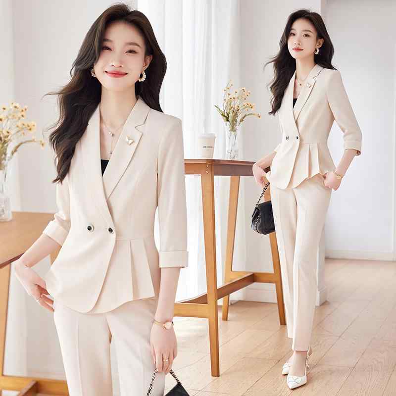 レディース スーツ セットアップ フォーマル 高級 薄手 七分袖 ジャケット パンツ 九分丈 エレガント ウエストスリム プリーツ アイボリー 薄紫 白 ビジネス フェミニン オフィス モード スタイ