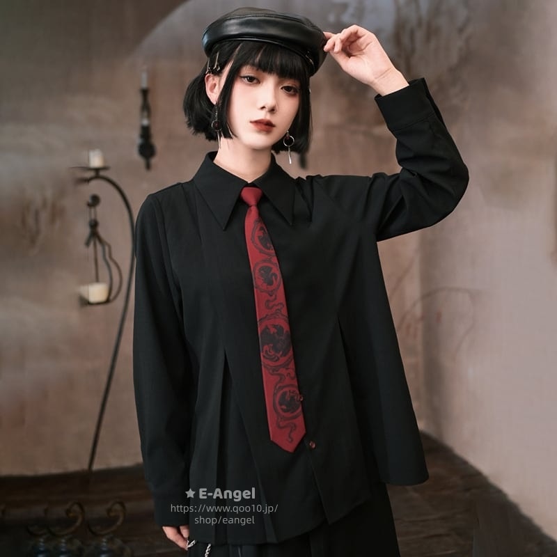 チャイナ風トップス シャツ 長袖 レディース 黒色 ネクタイ付きシャツ オリジナル ブラック 個性的ファッション