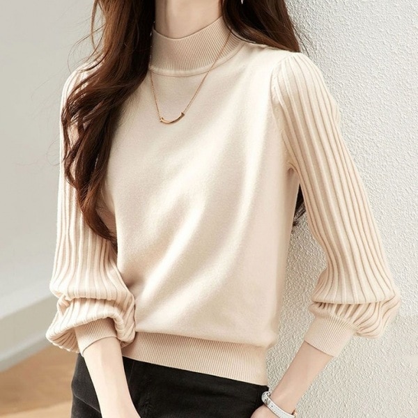 【輝いて超人気】 美人度アップ エレガント ハーフネック ギャザー飾り パフスリーブ ニットセーター レディース 秋冬